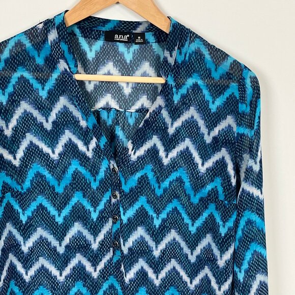 A.n.a. Chevron Pullover V-Neck Sheer Multi-Blue Blouse – Size M - Picture 1 of 15